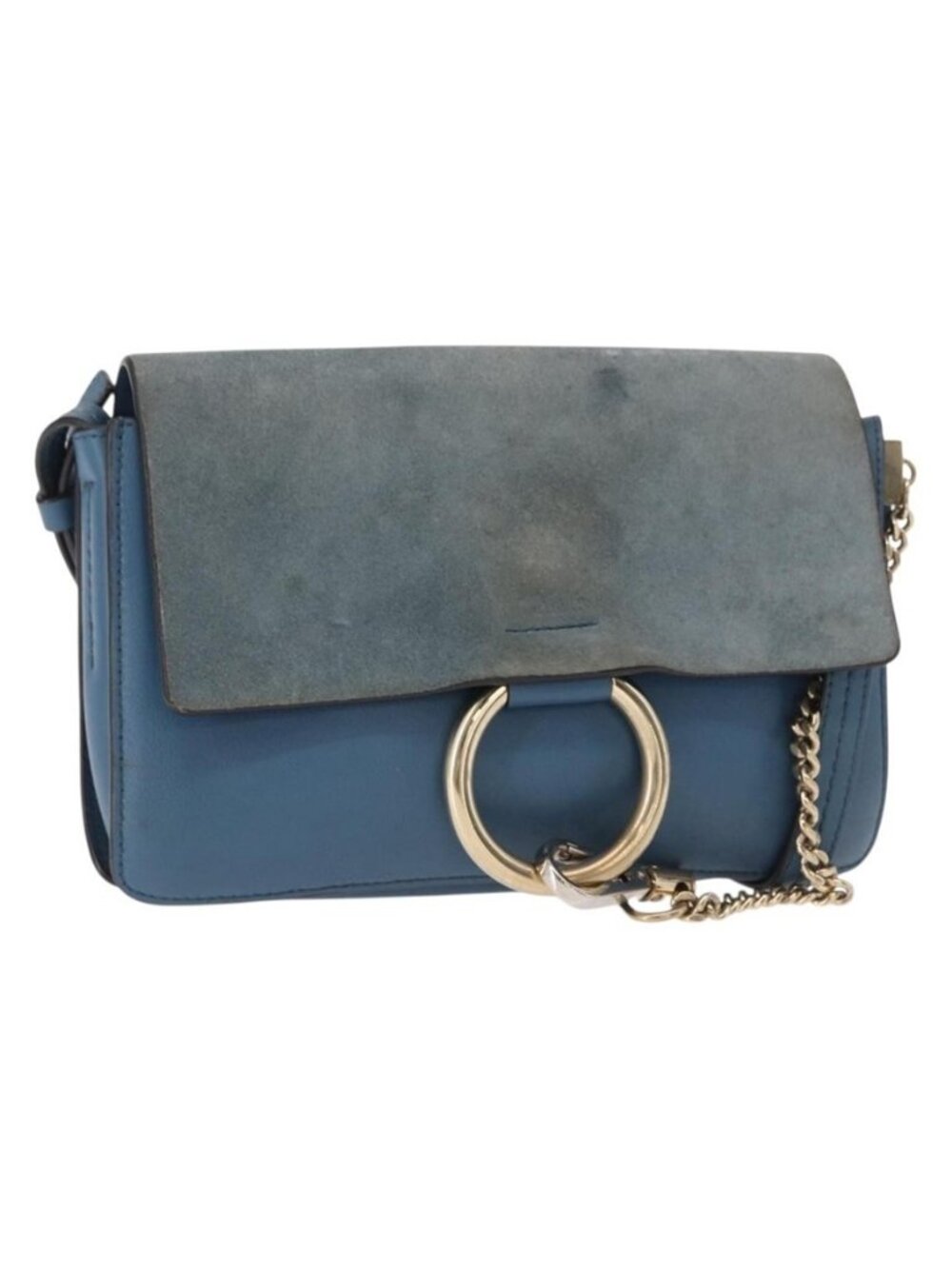 Authentic Chloe Fay Shoulder Bag Suede Leather Blue Gold